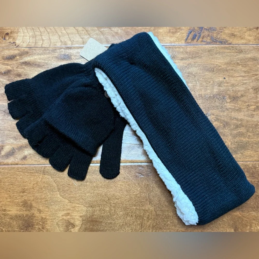 Bearpaw Black Gloves & Sherpa Lined Headband Set NWT Cozy Winter